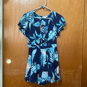 Blue Leaf Print Romper